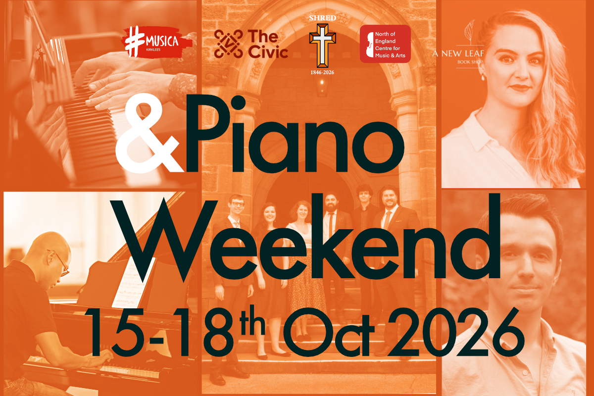 October Weekend in orange with various photos of performers in the background